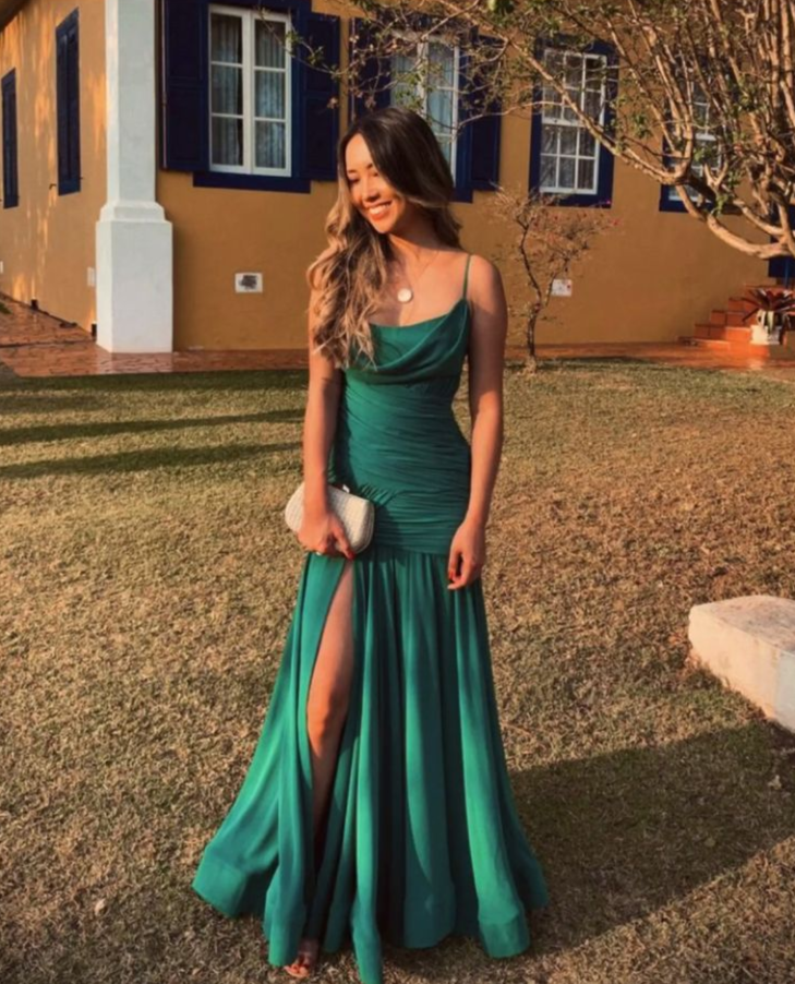 Green Spaghetti Straps Long Prom Dress Party Dress with Slit,DP516