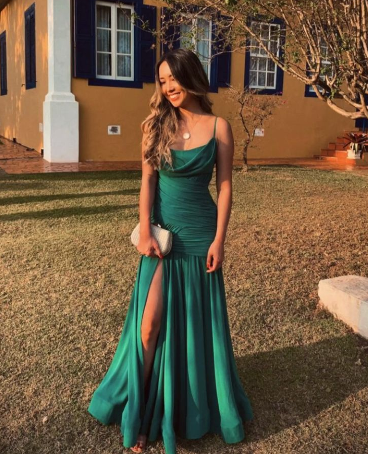 Green Spaghetti Straps Long Prom Dress Party Dress with Slit,DP516