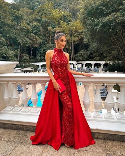 Charming Red Mermaid Halter Long Prom Dress Party Dress with Sequins,DP522