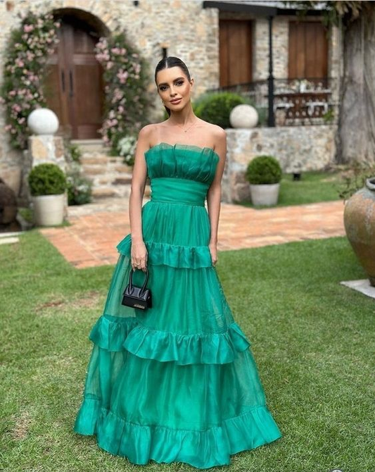 Green A-Line Strapless Tiered Long Prom Dress Party Dress,DP524