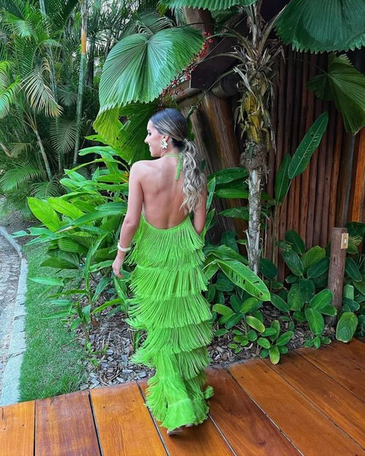 Green A-Line Halter Tassel Long Prom Dress Party Dress,DP526