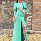 A-Line Puffy Sleeve Deep V Neck Long Prom Dress Party Dress with Slit,DP532