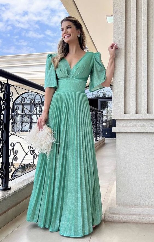 Simple V Neck Half Sleeve A-Line Long Prom Dress Party Dress,DP535