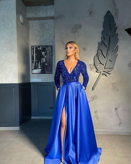 Royal Blue Long Sleeves Sequins Long Prom Dresses A-line Evening Party Dresses with Slit,DP539