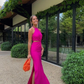 Fuchsia Halter Sleeveless Long Prom Dresses Sheath Evening Party Dresses with Slit,DP540