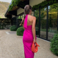 Fuchsia Halter Sleeveless Long Prom Dresses Sheath Evening Party Dresses with Slit,DP540