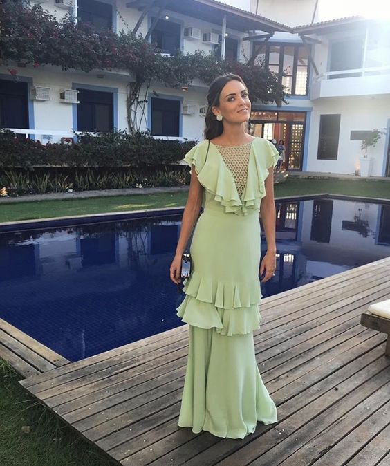 Elegant Light Green Backless A-Line Ruffles Prom Dress Evening Party Dress,DP543