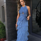 Dusty Blue Halter A-Line Tulle Tiered Prom Dress Evening Party Dress,DP547