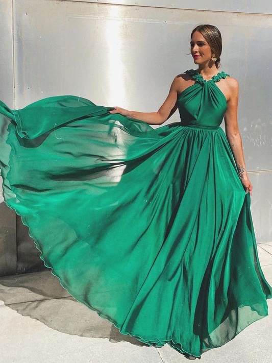 Green Plain Backless Long A-line Chiffon Prom Dress ,DP548