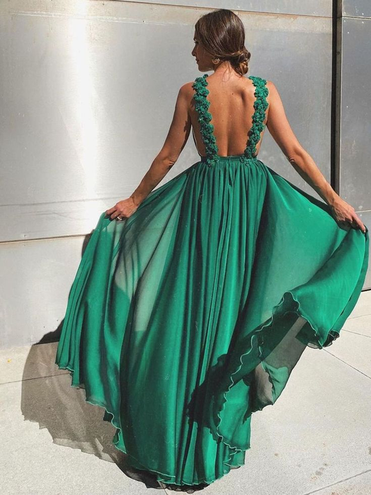 Green Plain Backless Long A-line Chiffon Prom Dress ,DP548