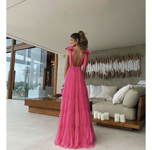 Hot Pink A-Line Backless Long Prom Dress V-Neck Formal Gown,DP549