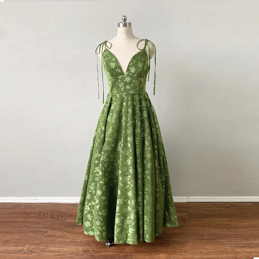 Moss Green A-Line Floral Spaghetti Straps Prom Dress Evening Dress,DP552