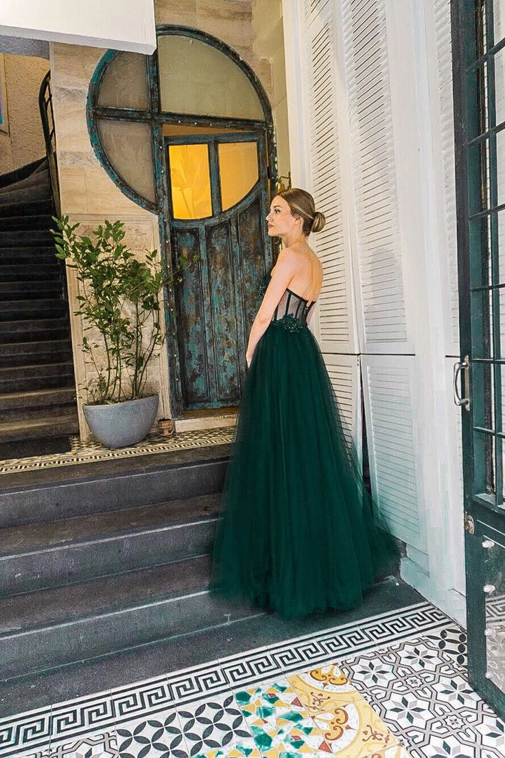 Emerald Corset Tulle Sweetheart Neckline Beaded Lace Prom Gown Evening Dress,DP553