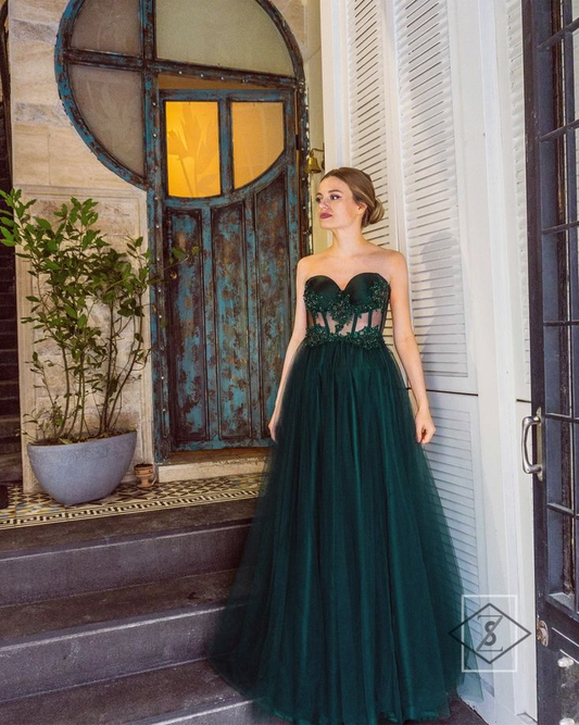 Emerald Corset Tulle Sweetheart Neckline Beaded Lace Prom Gown Evening Dress,DP553