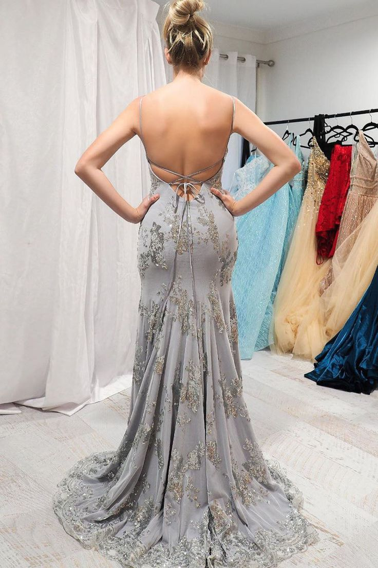 Elegant Mermaid Grey Appliqued Long Prom Dress with Open Back,DP554