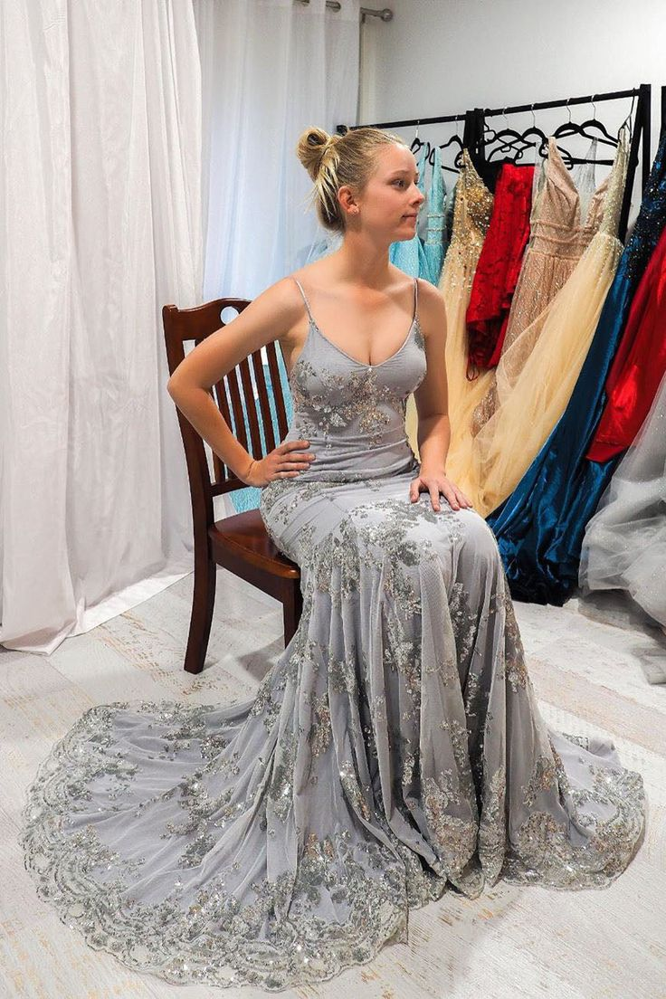 Elegant Mermaid Grey Appliqued Long Prom Dress with Open Back,DP554