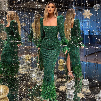 Emerald Mermaid Evening Dress with Feathers Long Sleeves Luxury Beaded Prom Formal Dress,DP555