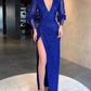 Royal Blue Glitter V Neck Evening Dress Long Sleeves Luxury Prom Formal Dress with Slit,DP556