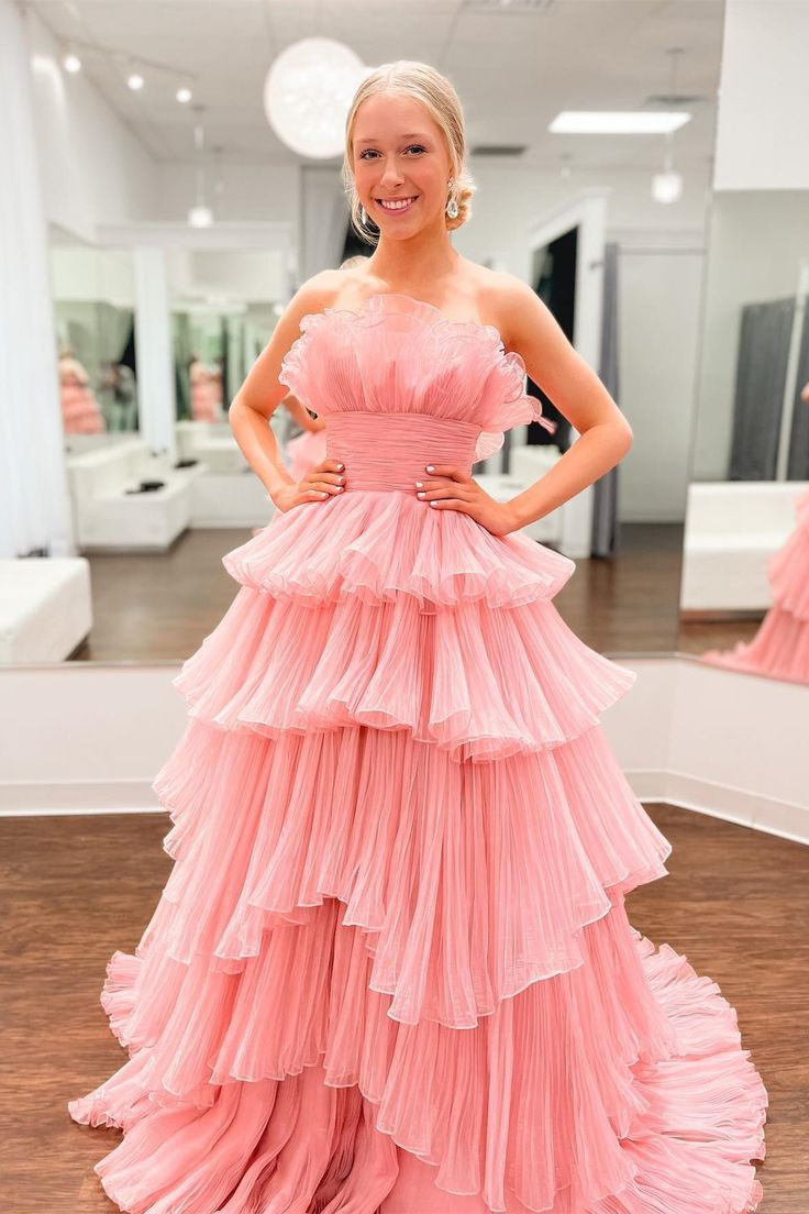 Sweet Tulle Tiered Strapless A-Line Evening Ball Gown Prom Dress,DP558