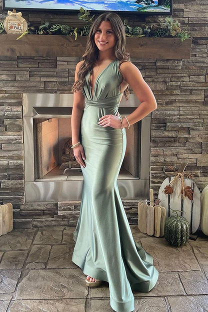 Sage Green Elegant V Neck Mermaid Backless Evening Dress Long Prom Dress,DP559