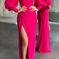 Fuchsia Square Neck High Slit Puffy Sleeves Evening Dress Prom Party Dress,DP565