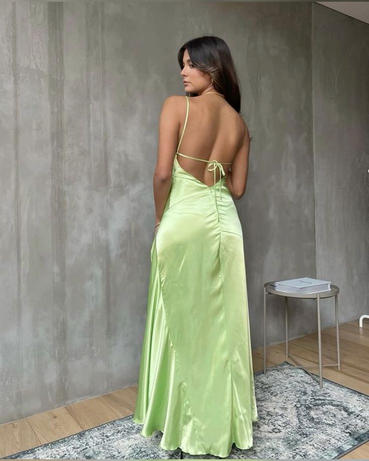 Light Green Slik Backless High Slit Spaghetti Straps Evening Dress Prom Party Dress,DP566