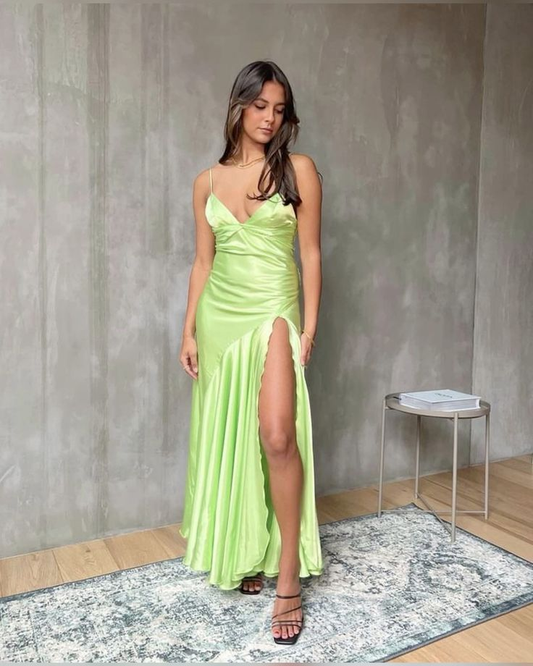 Light Green Slik Backless High Slit Spaghetti Straps Evening Dress Prom Party Dress,DP566