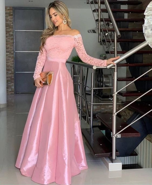 Elegant Pink Satin Off Shoulder A-Line Long Prom Dress Formal Party Dress,DP567