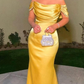 Classy Yellow Off Shoulder Mermaid Long Wedding Guest Dress Long Prom Dress,DP570