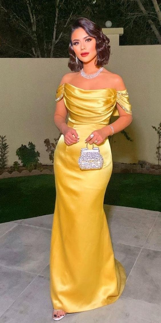 Classy Yellow Off Shoulder Mermaid Long Wedding Guest Dress Long Prom Dress,DP570