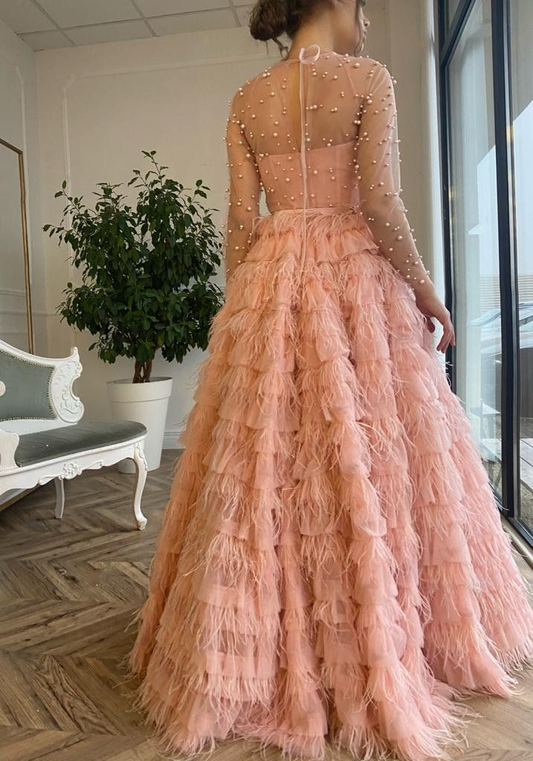 Pink Tulle Tiered A-Line Feather Evening Dress Long Prom Dress with Pearls,DP571