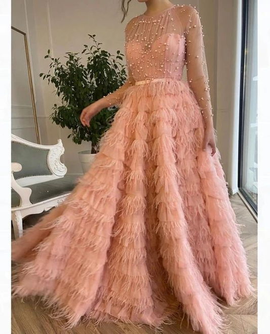 Pink Tulle Tiered A-Line Feather Evening Dress Long Prom Dress with Pearls,DP571