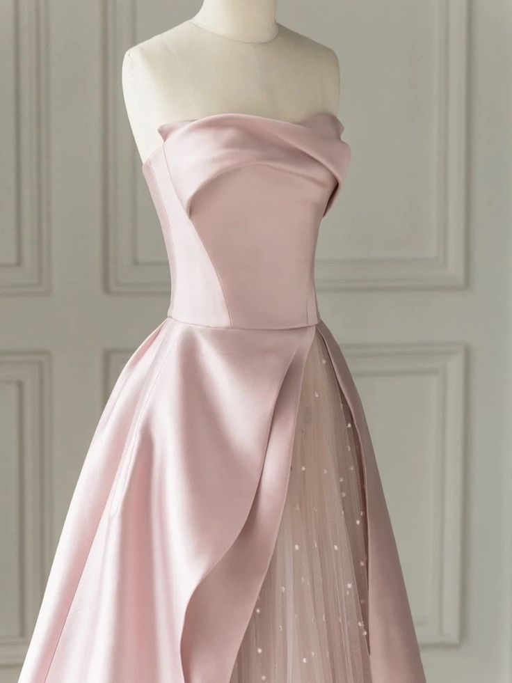 Sleeveless Satin A-Line Floor-Length Evening Gown Slit with Tulle Strapless Prom Dress,DP572