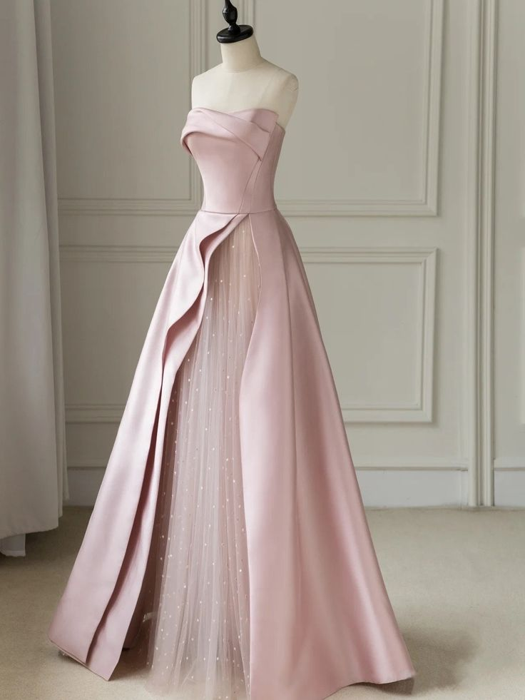 Sleeveless Satin A-Line Floor-Length Evening Gown Slit with Tulle Strapless Prom Dress,DP572