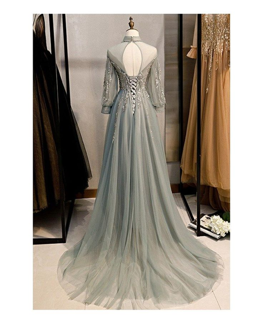 Long Sleeves Tulle A-Line Floor-Length Sequins Evening Gown Long Prom Dress,DP573