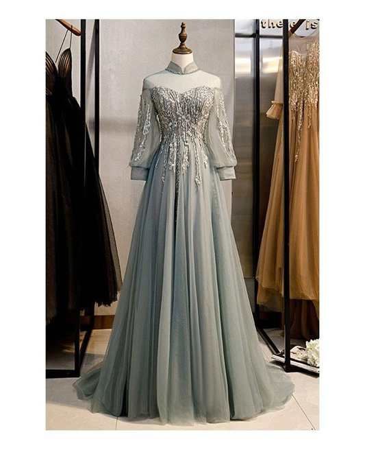 Long Sleeves Tulle A-Line Floor-Length Sequins Evening Gown Long Prom Dress,DP573