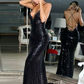 Sparkly Mermaid V Neck Cross Back Black Sequins Long Prom Dress Evening Party Dress,DP575