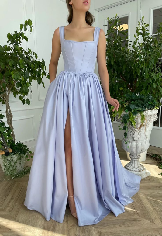 Modest Square Neck A-Line Evening Dress Satin Prom Dresses,DP576