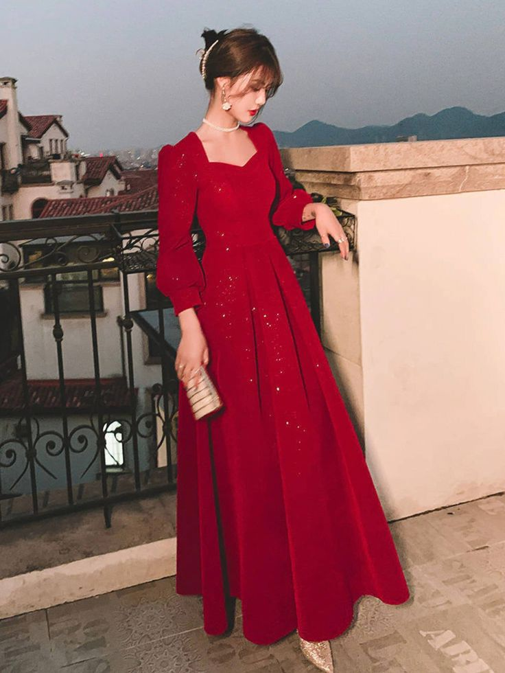 Red Glitter Modest Prom Dress Formal Evening Dress Long Sleeve Floor Length,DP579