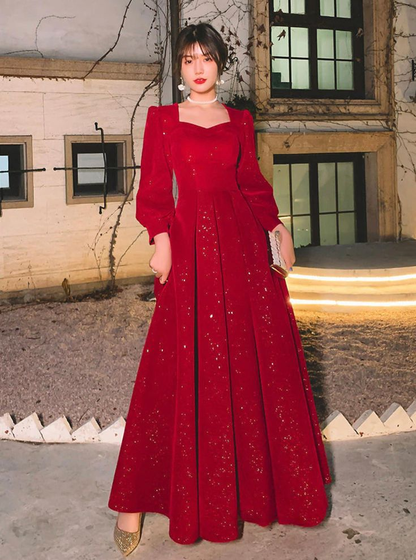 Red Glitter Modest Prom Dress Formal Evening Dress Long Sleeve Floor Length,DP579