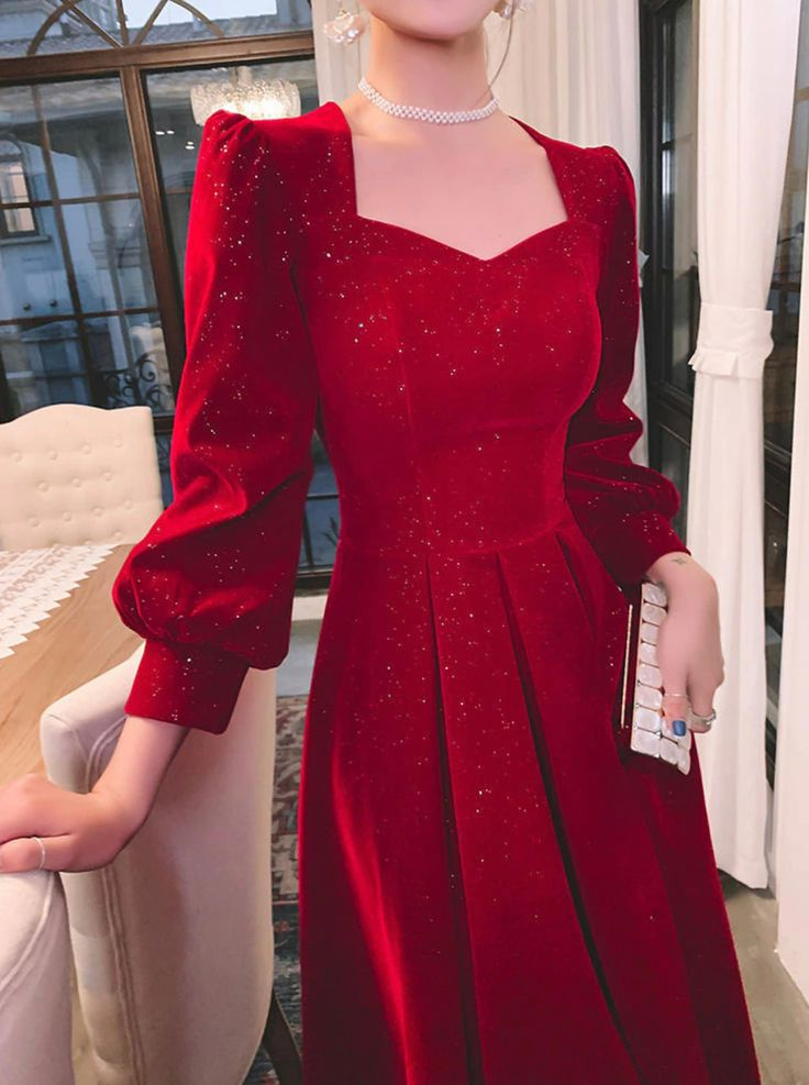 Red Glitter Modest Prom Dress Formal Evening Dress Long Sleeve Floor Length,DP579