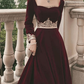 A-Line Vintage Formal Velvet Evening Dress with Appliques Long Sleeve Dinner Dresses,DP581