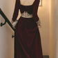 A-Line Vintage Formal Velvet Evening Dress with Appliques Long Sleeve Dinner Dresses,DP581