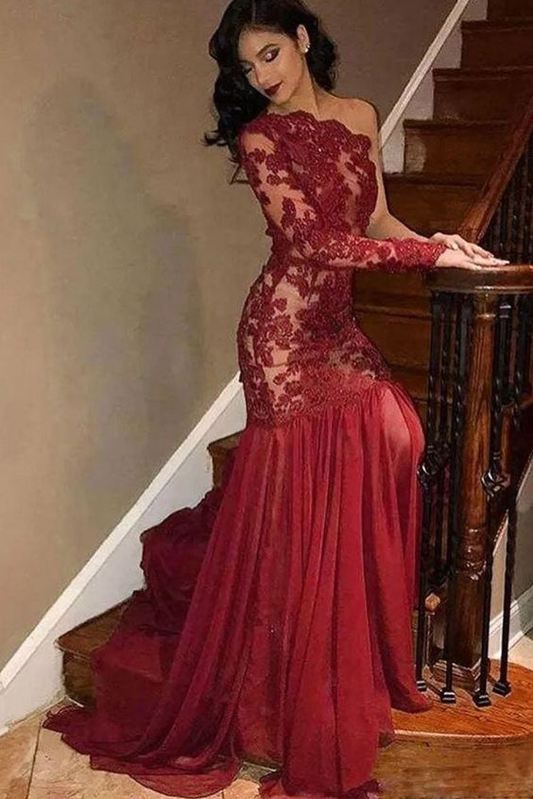 Sexy Mermaid Tulle Lace One Shoulder Prom Dresses Burgundy Evening Dress,DP583