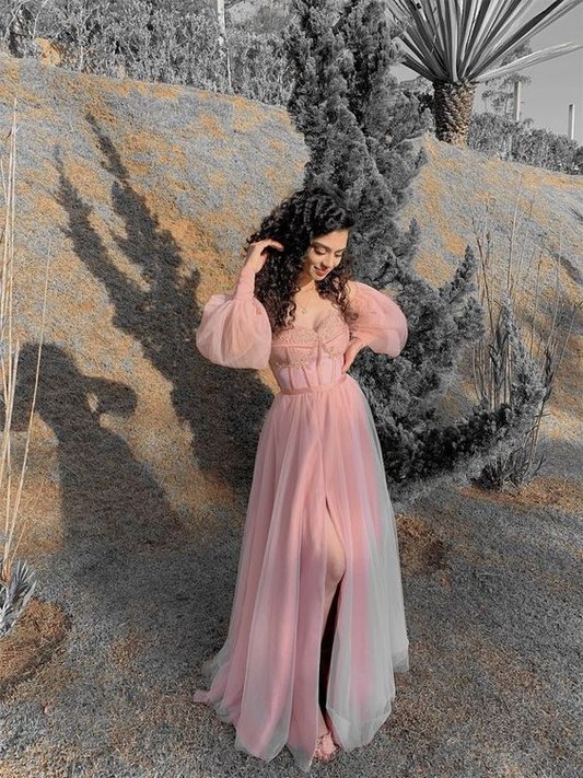 Pink A-Line Off Shoulder Tulle Long Prom Dress Formal Party Dress,DP587