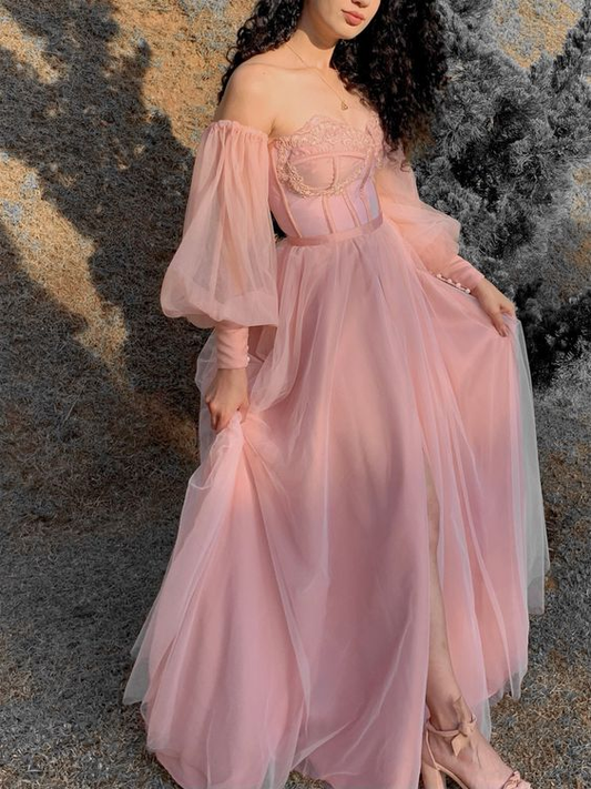 Pink A-Line Off Shoulder Tulle Long Prom Dress Formal Party Dress,DP587