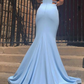 Elegant Blue Satin Mermaid Sleeveless Long Prom Dress Evening Dress,DP588