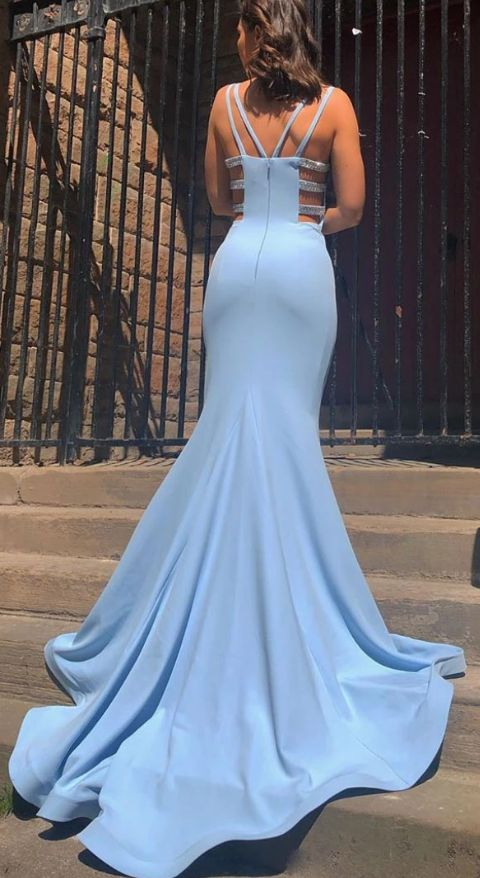 Elegant Blue Satin Mermaid Sleeveless Long Prom Dress Evening Dress,DP588