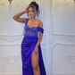 Royal Blue Beaded Sleeveless Long Prom Dress Evening Dress with Slit,DP589