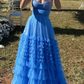 Blue Tulle Tiered A-Line Strapless Formal Elegant Evening Party Dress Prom Gown,DP594